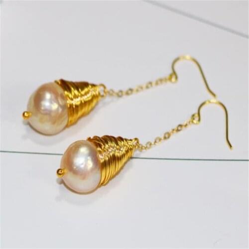12-15mm Yellow Pink Baroque Pearl Earrings Gold Ear Drop Dangle Cultured Aurora Women Irregular Fashion Real Accessories Earbob