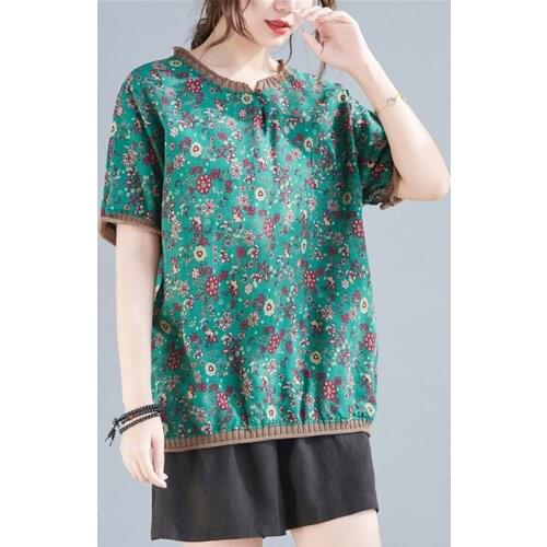 Women Cotton Linen Casual T-shirt New Arrival 2021 Summer Vintage Style Floral Print Loose Female Short Sleeve Tops Tees S3572