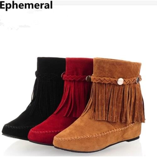Ladies High Increasing Heel Tassel Botas Sequined Ankle Short Wedges Boots Low Top Flock Material Round Toe Plus Sizes 43 34 9