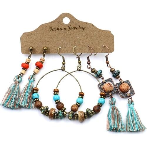 2020 Ethnic Green Tassel Earrings Set Summer Vintage Leaf Flower Alloy Earrings For Women Boho Earrings