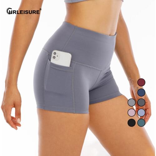 CHRLEISURE Women Fitness Shorts Solid High Waist With Pockets Casual Shorts Seamless Elasticity Workout Tummy Control Tights