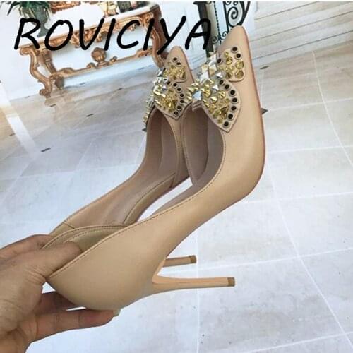 Summer Apricot 10cm Stiletto Pointed Toe Sexy High Heels Pumps Women Shoes with Bow Rivet plus size LX002 ROVICIYA