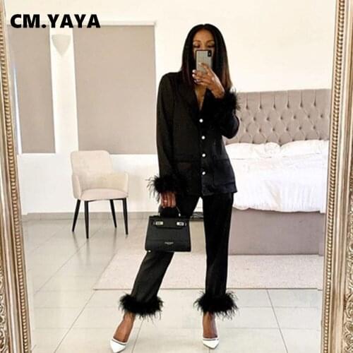 CM.YAYA Women Set Solid Feather Full Sleeve Notched Collar Single Breasted Tops Loose Pants Two 2 Piece Sets Fall Homewear 2021