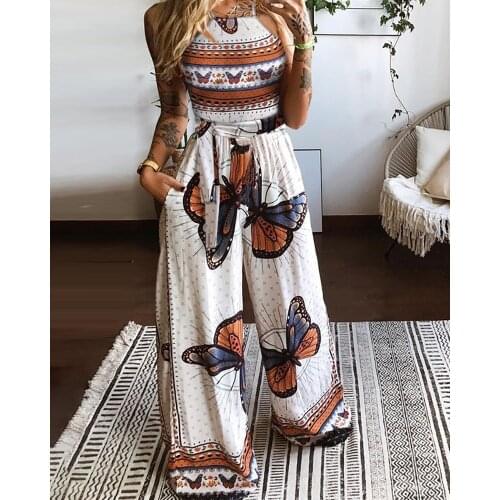Women Halter Two Piece Butterfly Print Set