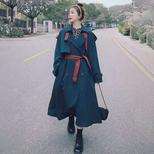 Dark Green Trench Coat Female Spring Autumn Korean Long Stitching Contrast Color Womens Windbreaker Loose Casual Ladies Cloak