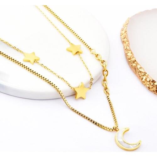 MEYRROYU Stainless Steel Gold Color Star Moon Necklaces For Women Double Layer Choker 2021 Trendy Party Fashion Gift Jewelry