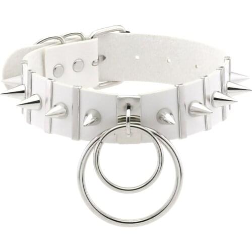 New Summer White Punk Harajuku Goth Rivet Metal Vertical Bar PU Leather Necklaces For Women Double Round Pendant Choker Necklace