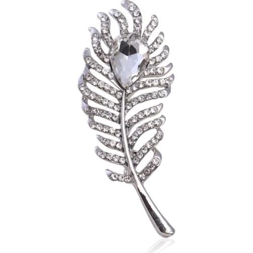 1pcs 25x58mm Feather Brooch Zinc Alloy Crystal Exquisite Feather Pins Party Wedding Jewelry Corsage Coat Accessories
