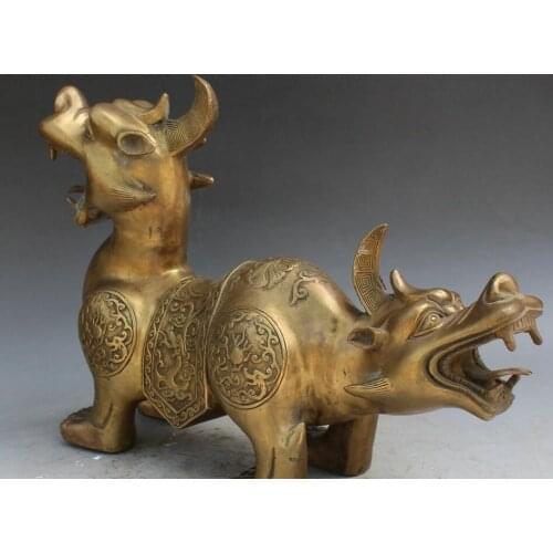 11"Chinese Bronze Exorcise Evil Spirits Double Head Beast Pi Xiu Unicorn Statue