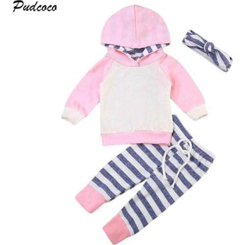 3PCS Set Newborn Baby Boy Girl Clothes Autumn Winter Long Sleeve Hooded Sweatshirt Tops+Striped Pant Hat/Headband Tracksuit