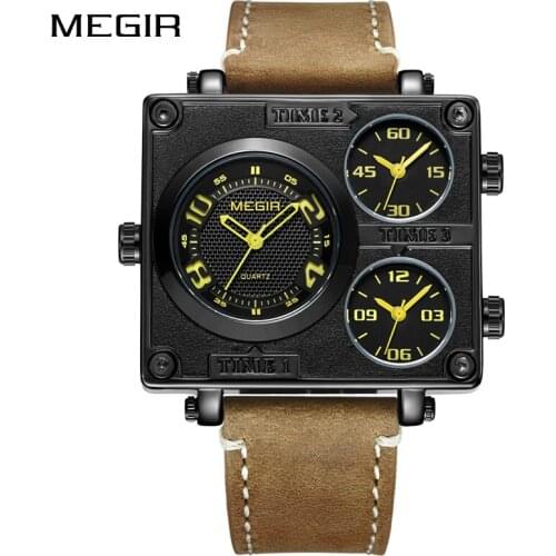 MEGIR Big Dial Creative Square Quartz Wristwatches Men Luxury Top Brand Relogio Masculino Multi Time Zones Sports Watches 2020
