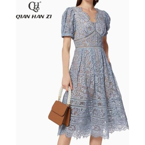 Qian Han Zi Designer Fashion Summer Dress Women Dress 2021 V-neck button elegant hollow high quality slim flower Lace midi dress