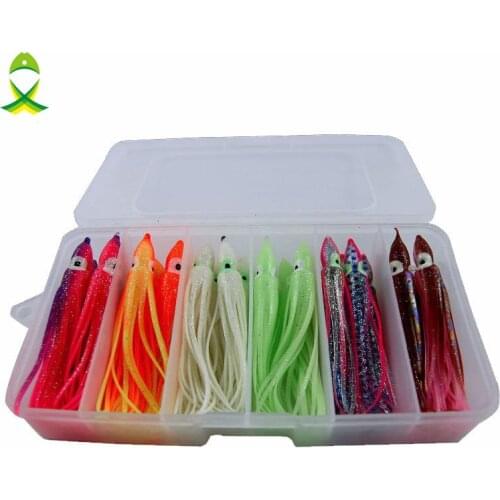 JSM 24pcs 9cm Soft Octopus Fishing Lures For Jigs Mixed Color Luminous Octopus Skirts Artificial Jigging Bait Set With Box