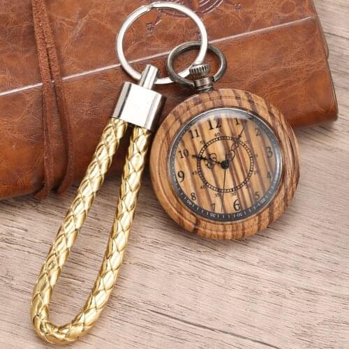 Creative Wooden Pocket Watch Full Wood Case Quartz Movement Antique Bronze Pendant Leather Rope Gift
