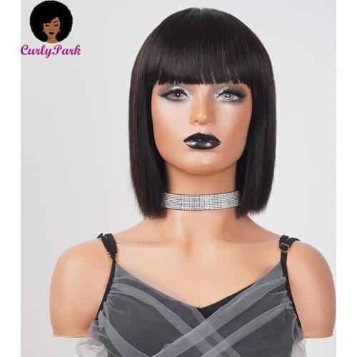 CURLYPARK Human Hair Bob Wigs With Bangs Full Machine Made Wigs Remy Hair Wigs For Black Women Glueless Wigs