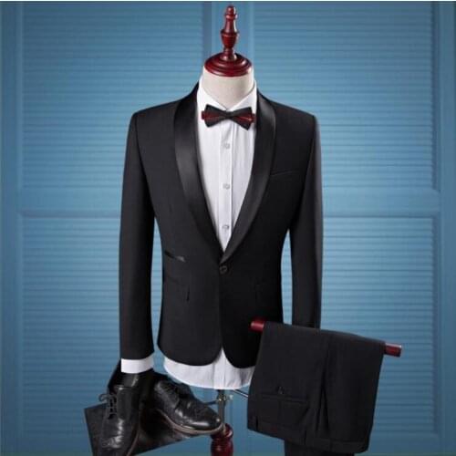 Simple Solid Color Mens Show Banquet Dress Two-piece Suit Blazer Trouser Set Mens Business Casual Suit
