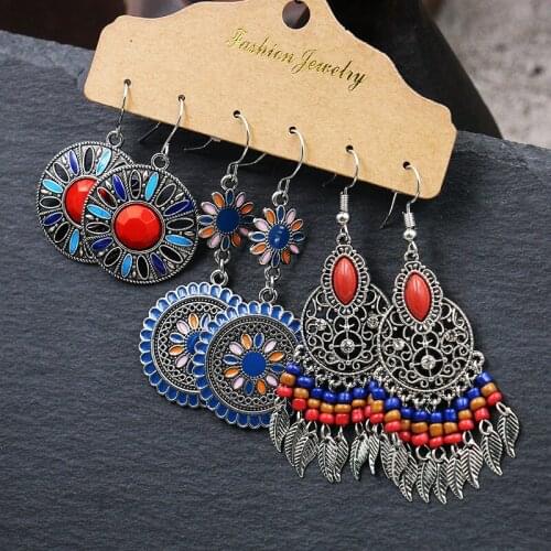 Ethnic Corful Flower Drop Earrings Set Fashion Summer Red Stone Tassel Earrings For Women Boho Earrings