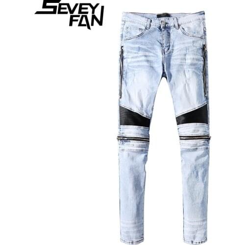 SEVEYFAN Hi Street Mens Skinny Zippers Biker Jeans PU Leather Patchwork Slim Denim Pants Streetwear Ripped Hole Trousers