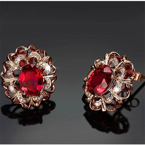 Vintage Female Red Oval Crystal Earrings Charm Rose Gold Color Stud Earrings Luxury Hollow Flower Wedding Earrings For Women