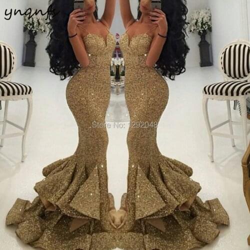 YNQNFS P1 Sexy High Slit Mermaid Gold Sequin Gown Vestido de Festa Tiered Ruffles Long Bridesmaid Dresses 2019