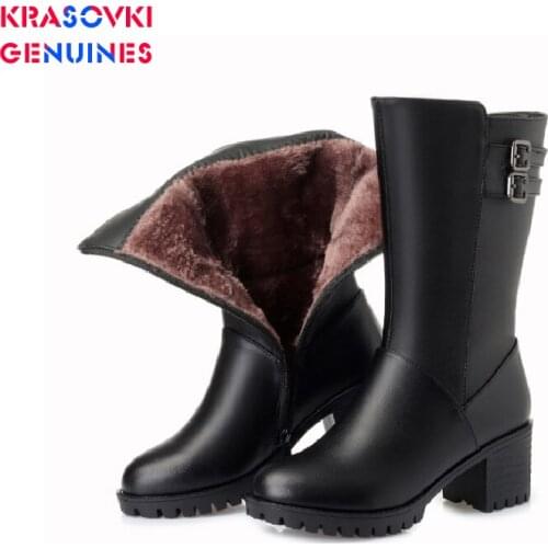 Krasovki Genuines Wool Fashion Snow Boots Warm Genuine Leather Fur Shoes Plush Mis Calf Boots Platform for Women Winter Boots