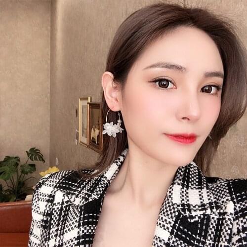 Golden White Zircon Triple Five-petaled Flowers Circles Roundness Acrylic Alloy Hoop Earrings for Women & Children