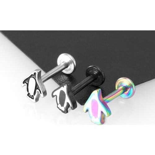 1PC 16G Stainless Steel Penguin Style Labret Monroe Lip Ring Cute Animal Ear Studs Tragus Helix Earring Stud Piercing Jewelry