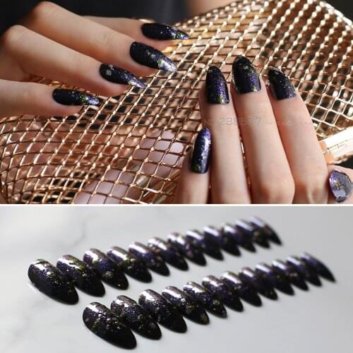 Stiletto nails acrylic 24pcs Blue or yellow Silver 3D glitter DIY Galaxy fashion Pointed false nails medium Almond fake nail