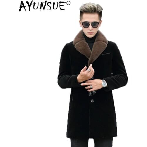 AYUNSUE Real Fur Coat Men Clothes Winter Mink Fur Collar Sheep Shearling Mens Down Jacket Wool Fur Coat ML-DAF98003 KJ1189