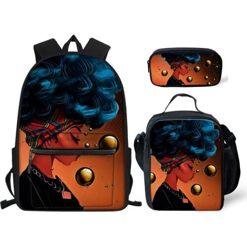 Black Art African American Girls Backpacks Kids Lun Pencil Box 3pcs Afro Women Durable Prints School Bagpacks