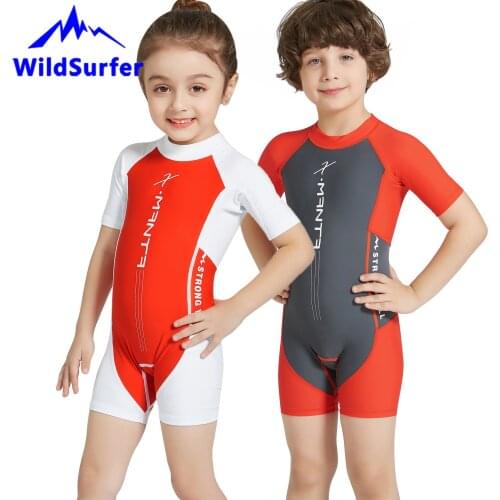WildSurfer Kids Swimsuit One-Piece Rash Guard Girls 2-12 Years Boys Short Sleeve Back Zipper Dive Swimwear UPF50+ Sunscreen W123