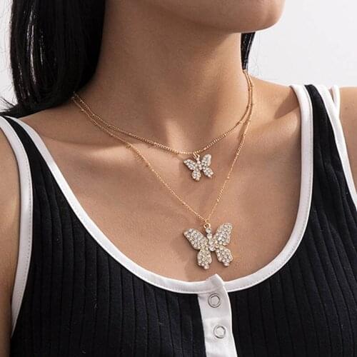 Elegant Temperament Rhinestone Crystal Butterfly Pendant Necklace for Women Double Layer Fashion Statement Necklace Jewelry