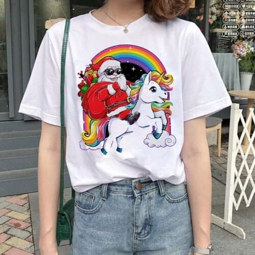 FIXSYS Women Merry Christmas Party Tshirt Female Santa Claus Rainbow Printed T Shirt Unisex Loose Size Short Sleeve T-shirts