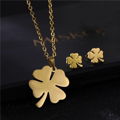 Stainless Steel Necklace Earrings Leaves Pendant Jewelry Set For Women