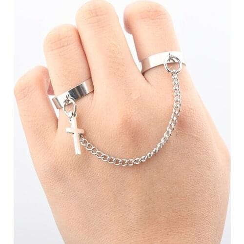 Cross Chain Ring for Men Women Stainless Steel Stylish TT Edgy Punk Hip Hop Goth Hippie Resizable Ring Set for Teens EBoys Egirl