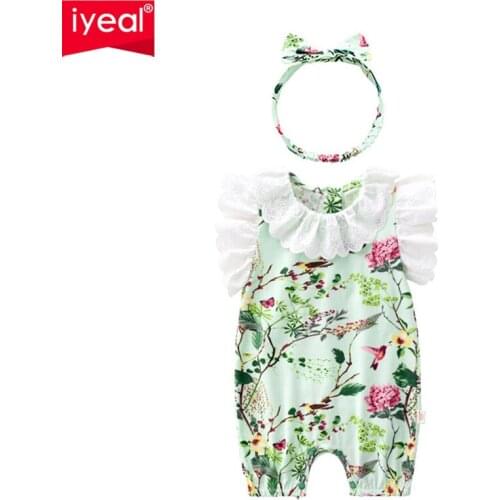 IYEALSummer Newborn Kids Baby Girls Clothes Peter pan Collar Cotton Printed Jumpsuit Romper Playsuit + Headband 2 Pieces Outfits