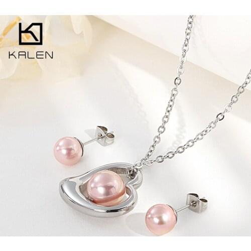 Kalen Romantic Heart Jewelry For Women Stainless Steel & Simulated-Pearl Necklaces Earrings Sets Ensembles De Bijoux Women Gifts