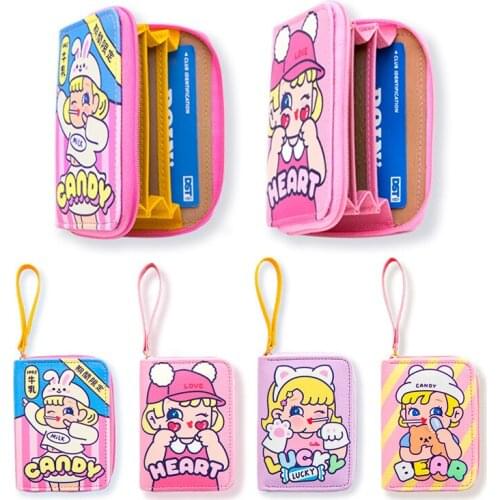 Fashion Cute Girl Pattern Short Wallet Women Zipper Card Bag Anti-loss Wrist Strap Coin Purse Students Portable Small Wallets