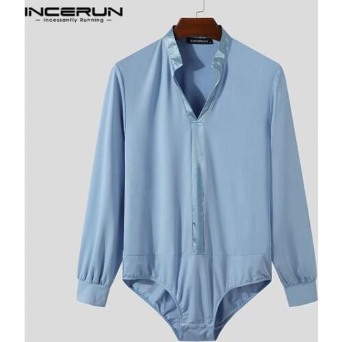 Mens Bodysuit Shirt Mesh Patchwork V Neck Streetwear Long Sleeve Sexy Chic Rompers Fashion Mens Bodysuits Camisas S-5XL INCERUN