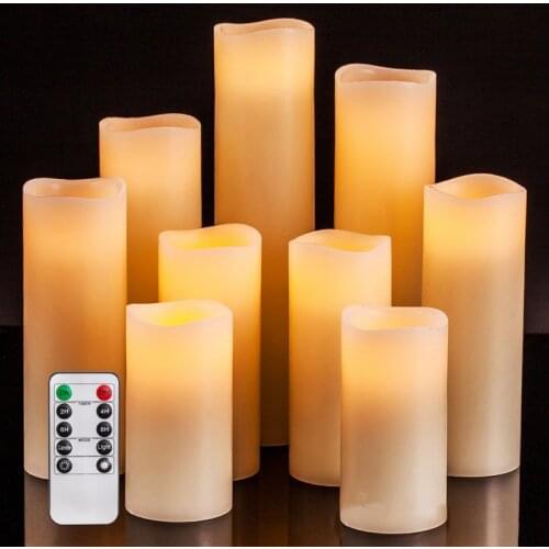 Flameless Candles Set Of 9 Ivory Dripless Real Wax Pillars Include Realistic Wick LED Flames and 1 Remote Control