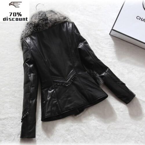 Genuine Leather Jacket Real Fox Fur Collar 300% Real Sheepskin Coat Winter Jacket Women Warm Parka Chaqueta Mujer MY4056