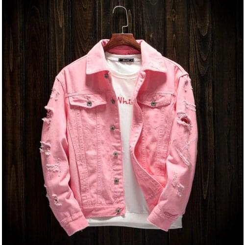 New Style Mens Denim Outerwear Mens Denim Jacket Fashion Jeans Autumn Spring Denim Jackets Coat Classic Pink Denim Jacket Men