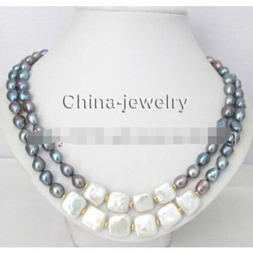2row 8-9mm white & black baroque freshwater pearl necklace