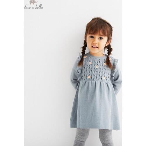DBS19093 dave bella autumn baby girls cute floral sweater dress children fashion party dress kids infant lolita clothes