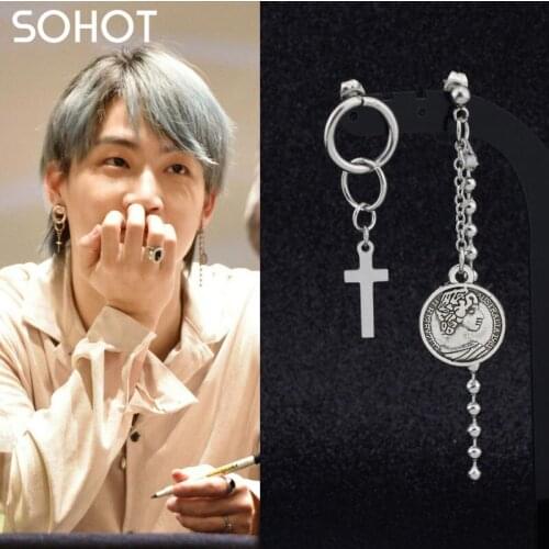 SOHOT Retro Stainless Punk Asymmetry Coin Cross Shape Pendant Unisex Hoop Earrings Chic Trendy Female Man Jewelry Gift Parties