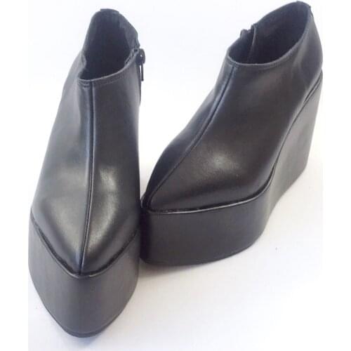 Japanese Harajuku Genuine Leather Thick Heel High Platform Wedge Lolita Cos Ankle Boots for Girls Autumn Pointed Toe Shoes