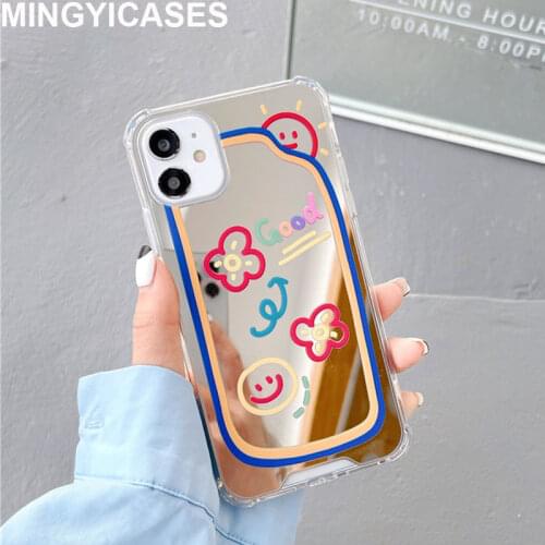 Mirror Phone Case for IPhone 12 11 Pro Max 8 7 Plus Cute Flower Smile Face Protective Case for IPhone XS MAX XR Hard Cover Case