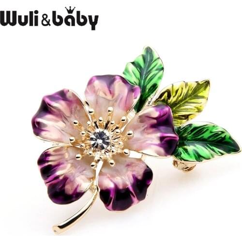 Wuli&baby Enamel Sparkling Flowers Wedding Brooches For Women Alloy Purple Flower Green Leaves Pins Christmas Gifts