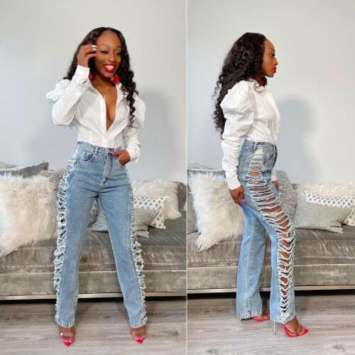 Distressed Women Long Straight Jeans Light Blue Zipper Fly Denim Pants Hole Ripped 2021 Summer Sexy Cargo Pants Workout Trousers