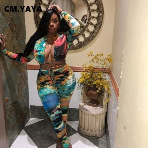 CM.YAYA Activewear Tie Dye Lace Up Womens Set Crop Top Legging Pants Set Sporty Tracksuit Fitness Two Piece Matching Set Outfit